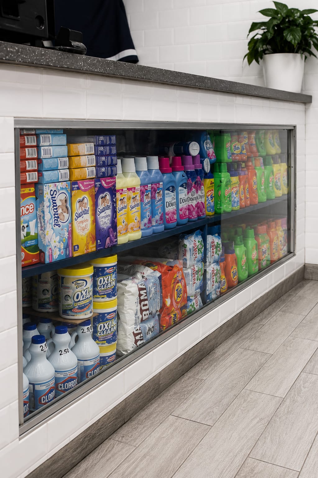 Detergent, fabric softener, and laundry supplies on display at Fast N Clean