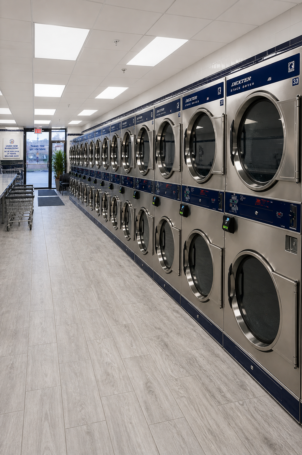 Stainless-steel commercial Dexter dryers at Fast N Clean Laundromat in Brooklyn