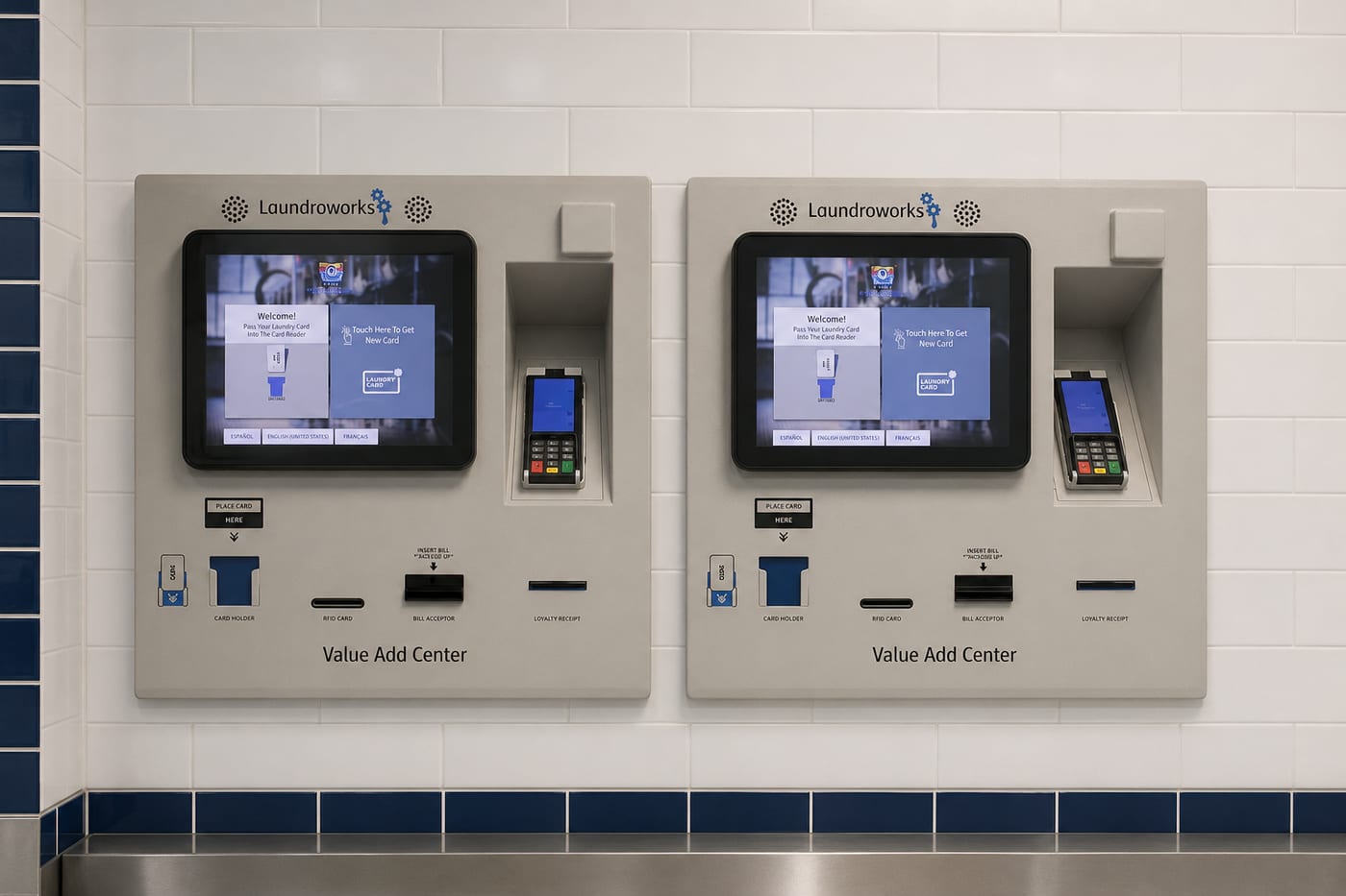 Laundroworks card-pay kiosks at Fast N Clean — no quarters needed