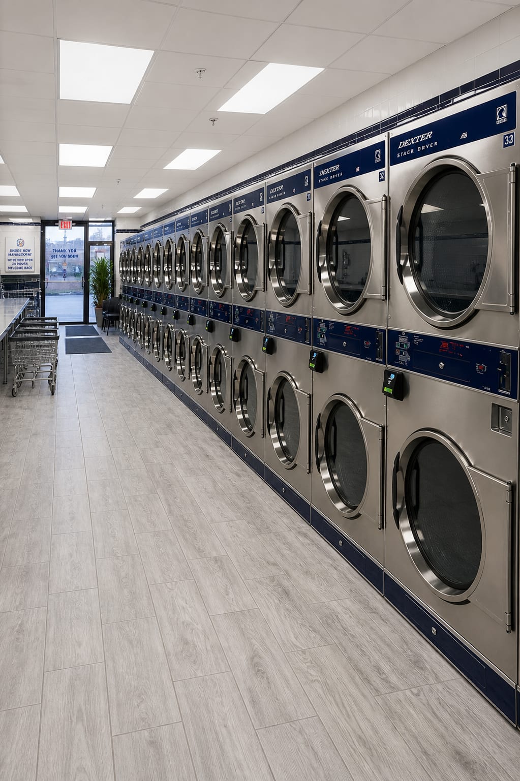 Long row of Dexter stack dryers and washers at Fast N Clean Laundromat