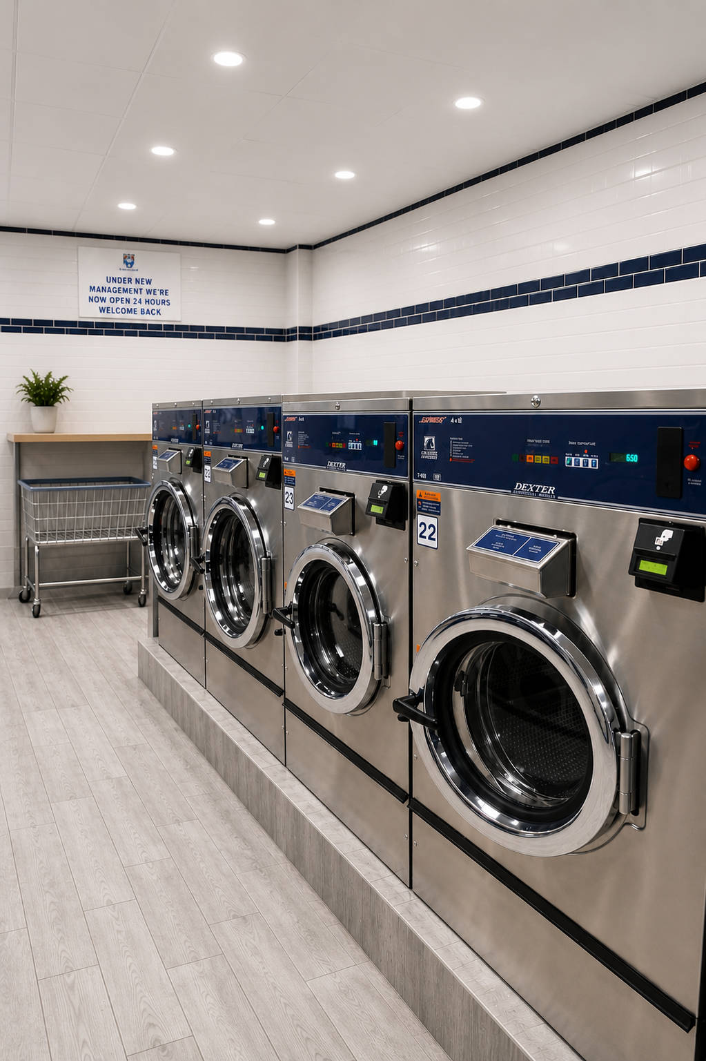 Brand-new Dexter front-load washing machines used for wash and fold service at Fast N Clean Laundromat in Midwood, Brooklyn